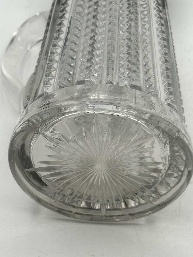 Antique Crystal Molded Glass Pitcher 8 Cup With Applied Handle & Decorative Lip