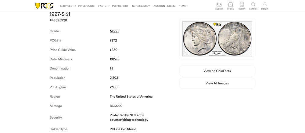 1927 S Peace Silver Dollar ~ PCGS ~ MS63