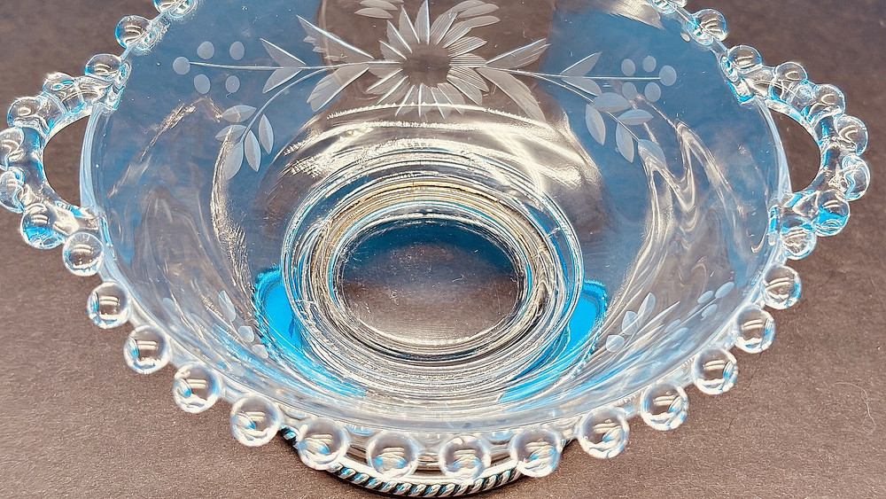 Imperial Candlewick 5" Handled Bowl Etched Floral Solid Sterling Silver Base