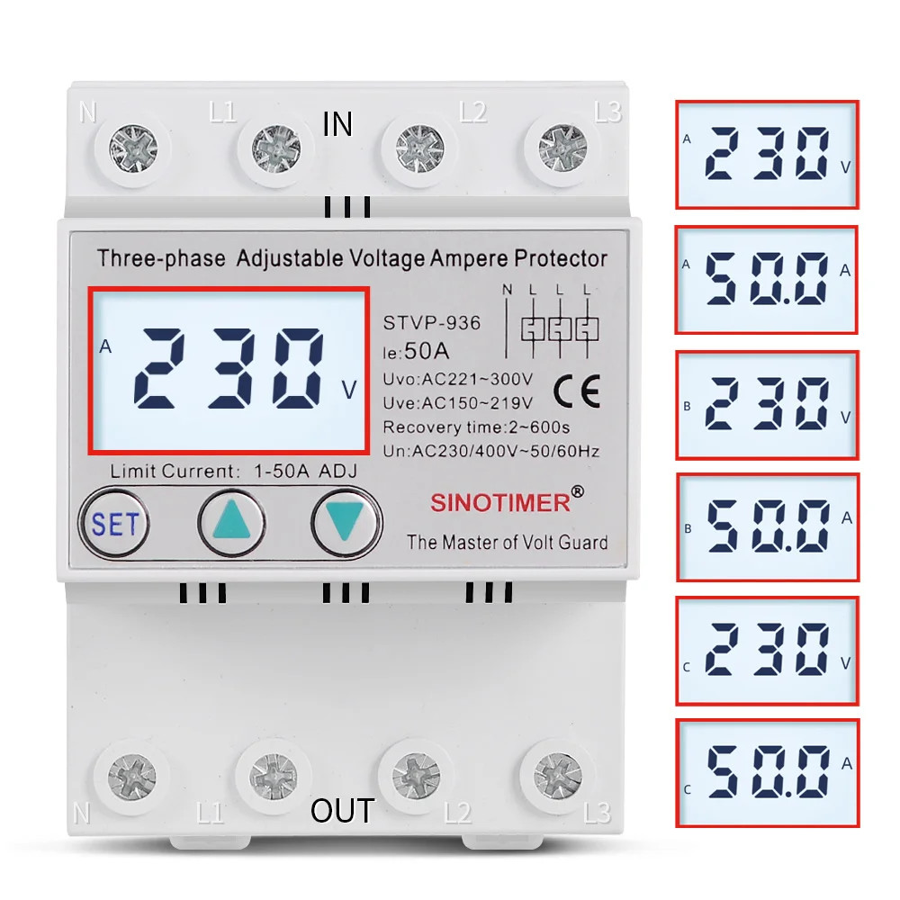 3Phase Voltage Protector Relay 380V 80A DIN Rail LCD Display Surge Limit Current