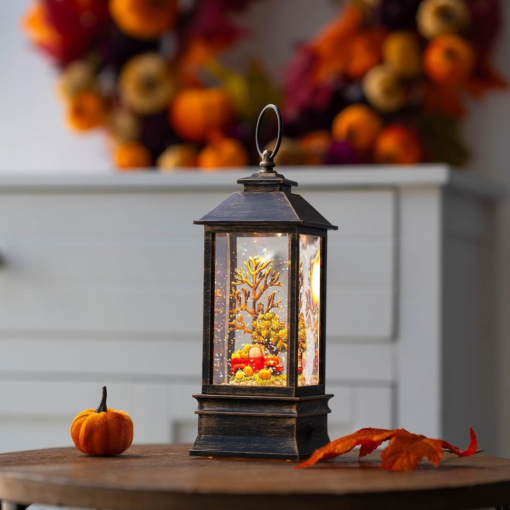 10'' Lighted Fall Snow Globe Lantern Truck Pumpkins Decor