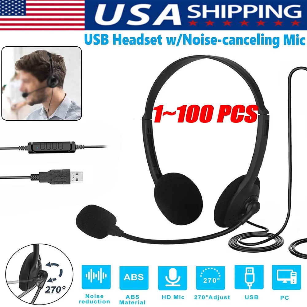 USB Headset Headphone Microphone Noise Cancelling For PC Computer Call Chat LOT