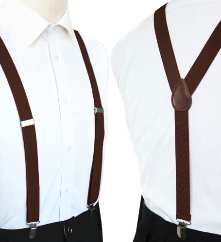 Solid Color Mens Suspender with 3 Strong Clips Adjustable Braces Brown