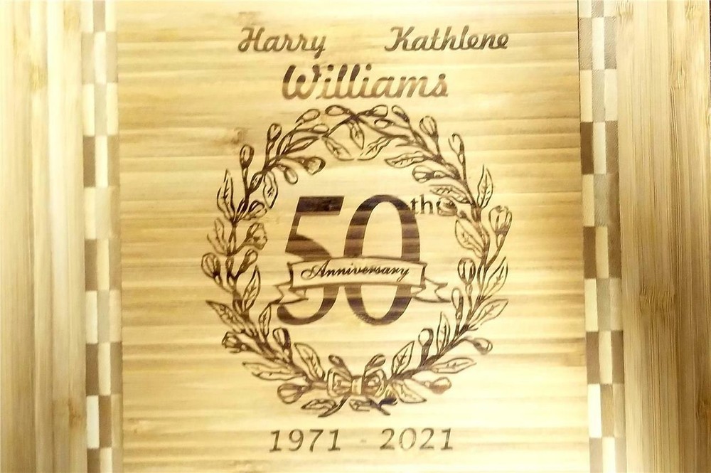 50th Anniversary Design, Inlay Kitchen Cutting Board, Bamboo, Laser Engraved, Pe