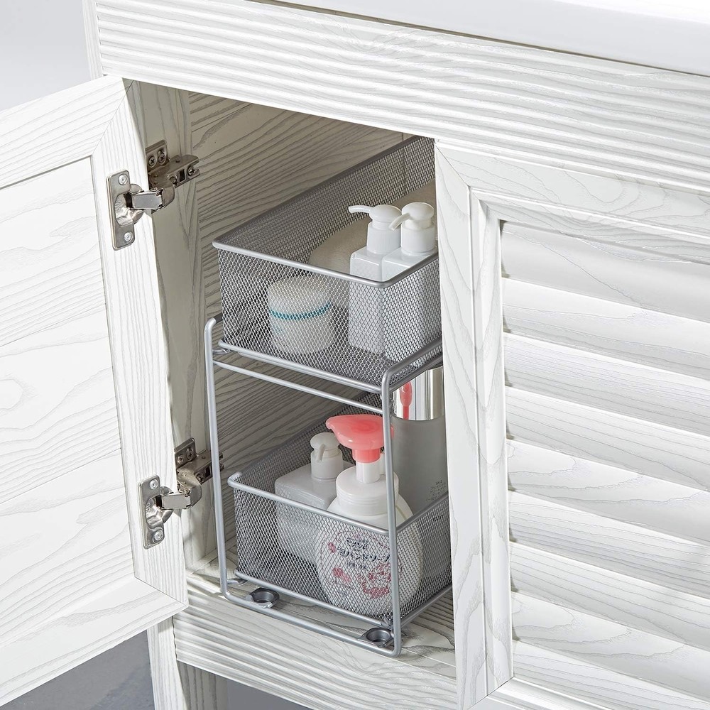 2 Tier Sliding Basket Stackable Cabinet Pull-Out Drawer Mesh Organizer for Ki...