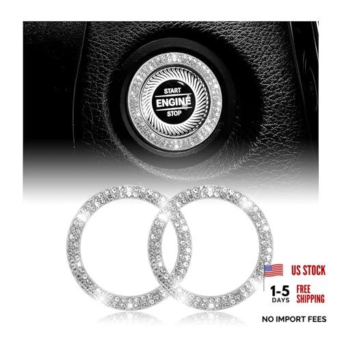 2PCS Bling Car Engine Start Stop Decoration Ring, Crystal Double Row Silver