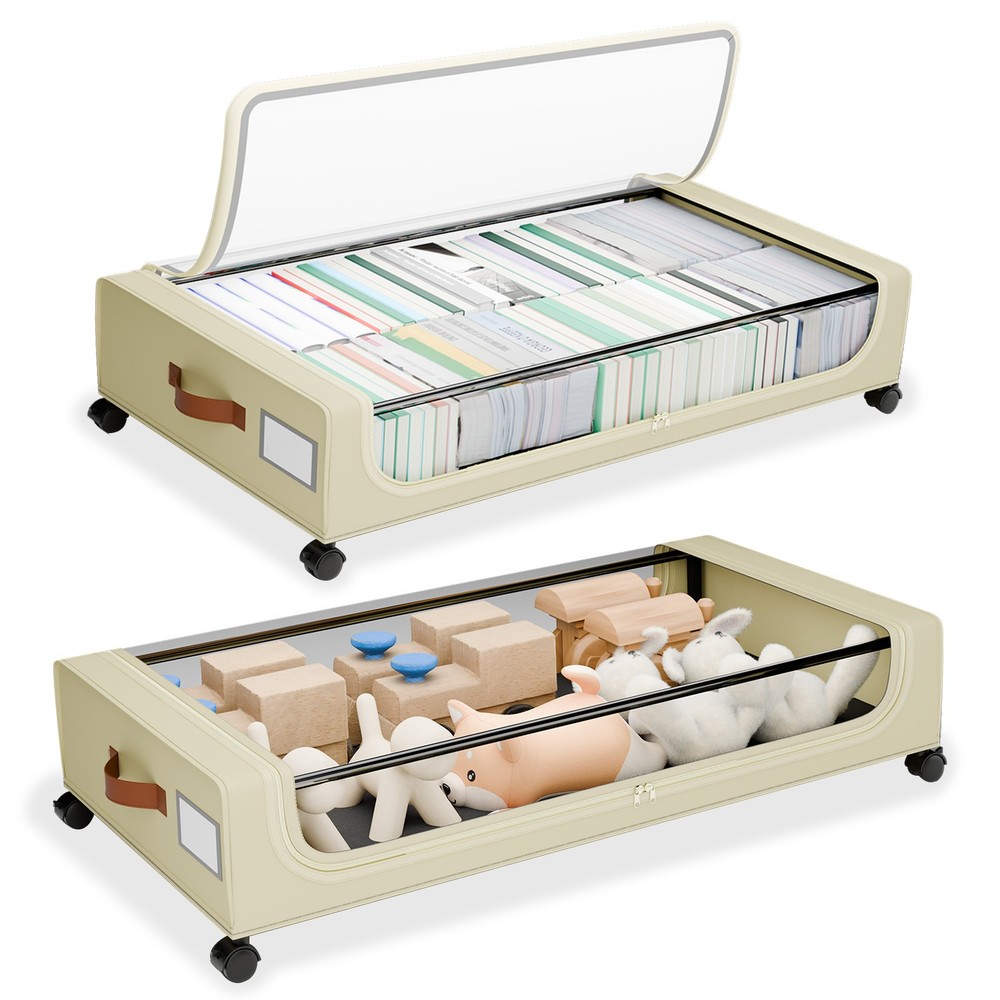 Space Saving Under Bed Clothes Storage 2-Rolling Bins - XL Clear Boxes with Lids
