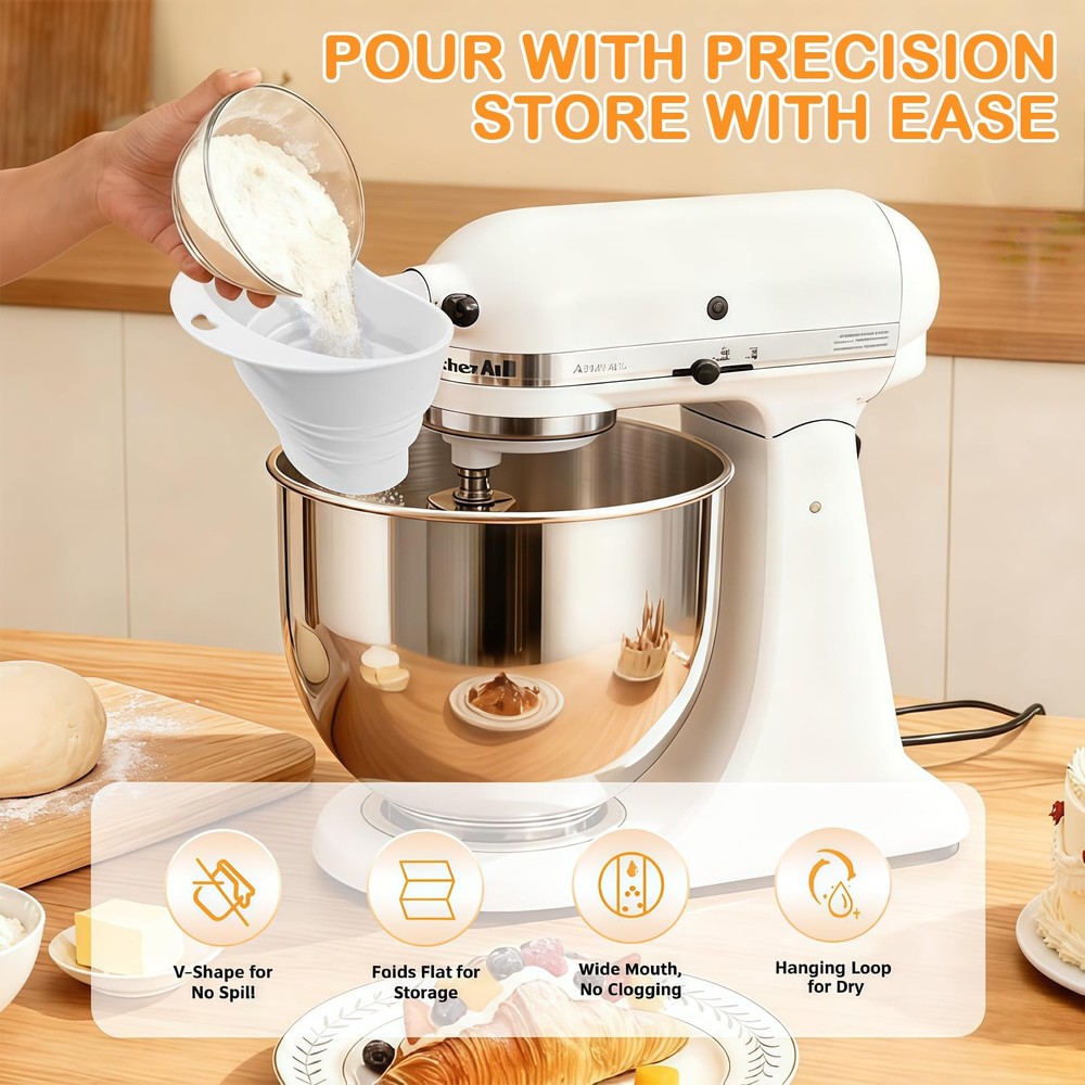 Silicone Foldable Flour Funnel for Kitchen Aid Mixer,Easy Pour No-Mess Attach...
