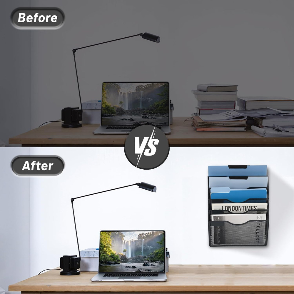 Wall File Organizer 5 Pocket Mesh Hanging Mail Holder Document Folder Rack Black