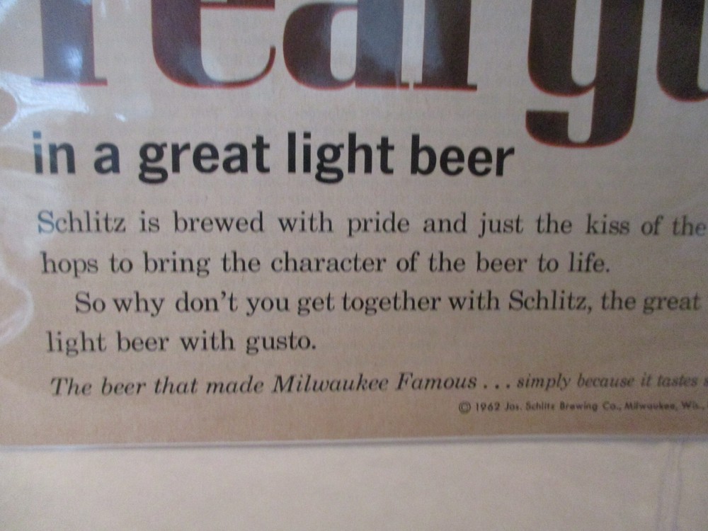 1962 Schlitz Beer Print paper Advertisement