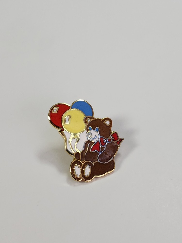 Teddy Bear With Balloons Lapel Pin Yellow Red & Blue Small Size