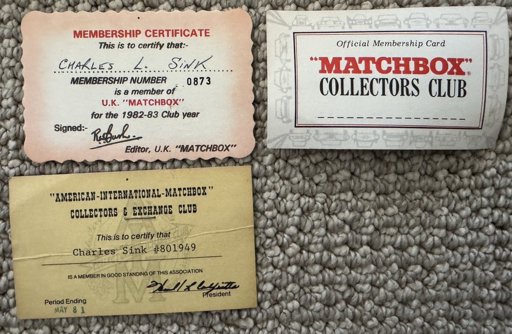Vintage Matchbox Club Certificates