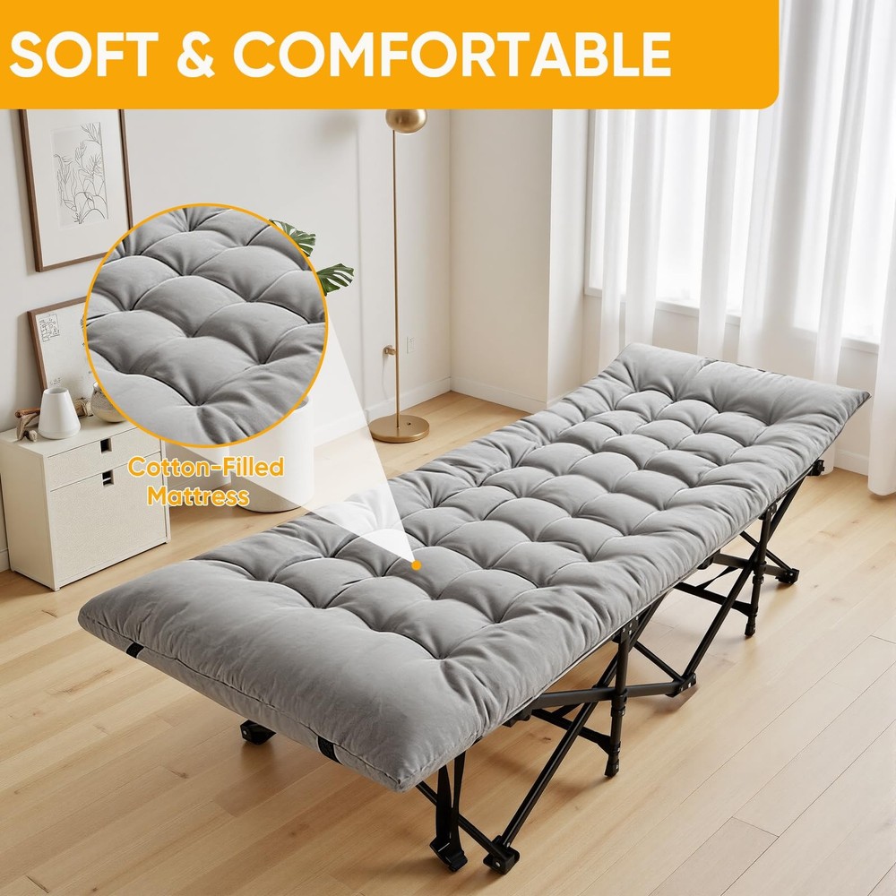 Camping Cot with Thick Mattress,Quick Set-Up Sleeping Cots Bed with Side Pock...