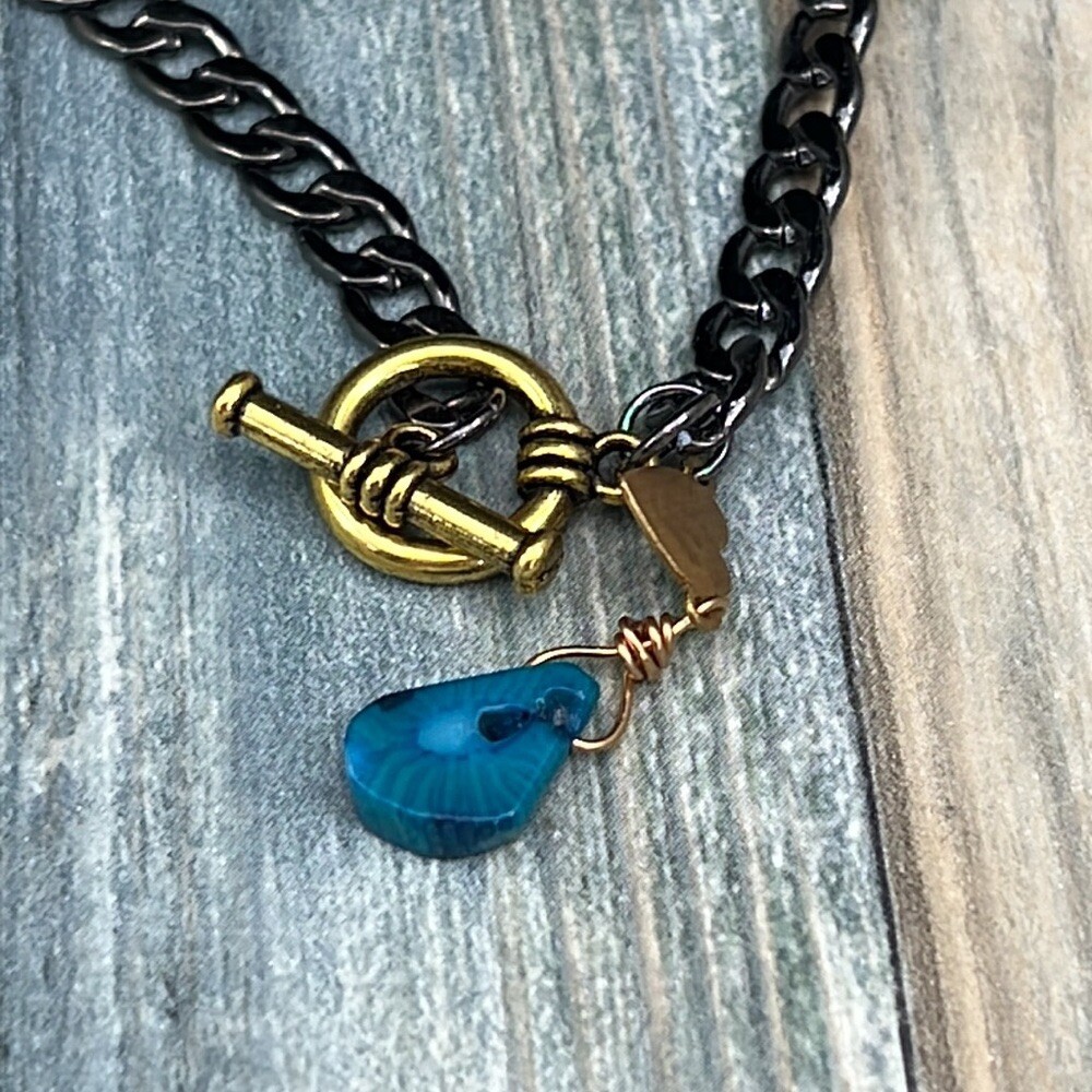 Adorned Crown Artisan Assemblage enamel blue framed butterfly leaf necklace