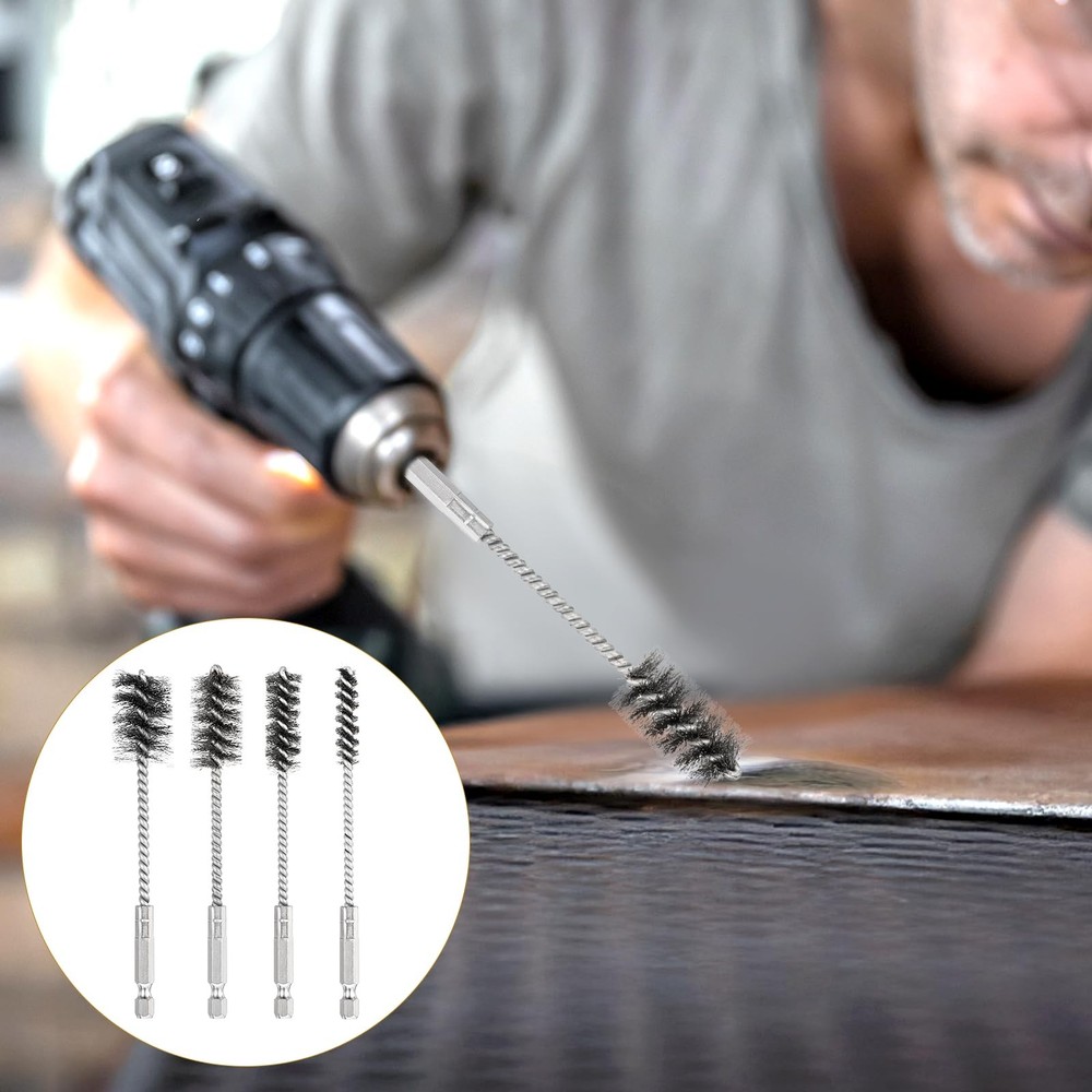 4 Pcs Stainless Steel Wire Brushes for Drill Bore Silver