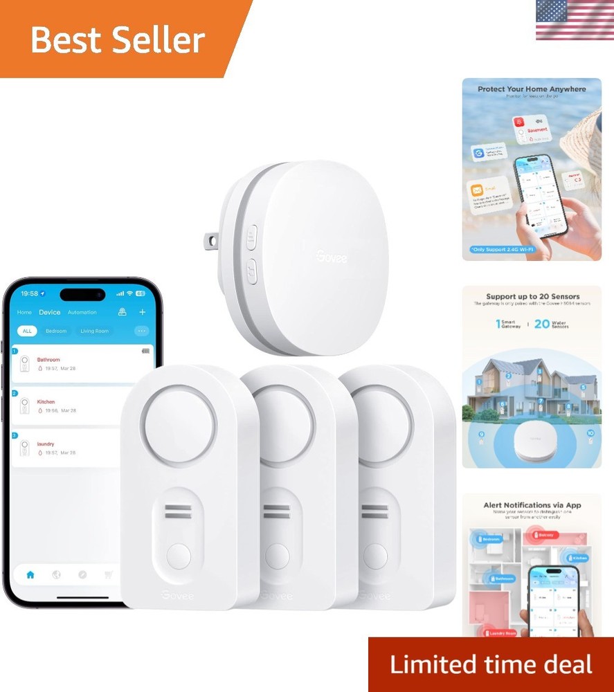 Smart Water Leak Sensor Set - 3 Pack with Adjustable 100dB Alarm Notifications