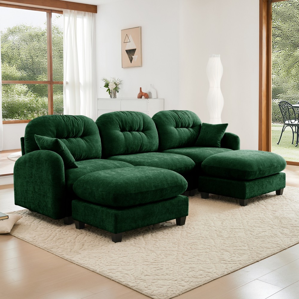 U-Shaped Modular Sectional Sofa w/ Ottoman & Pillows, Chenille Fabric, Green