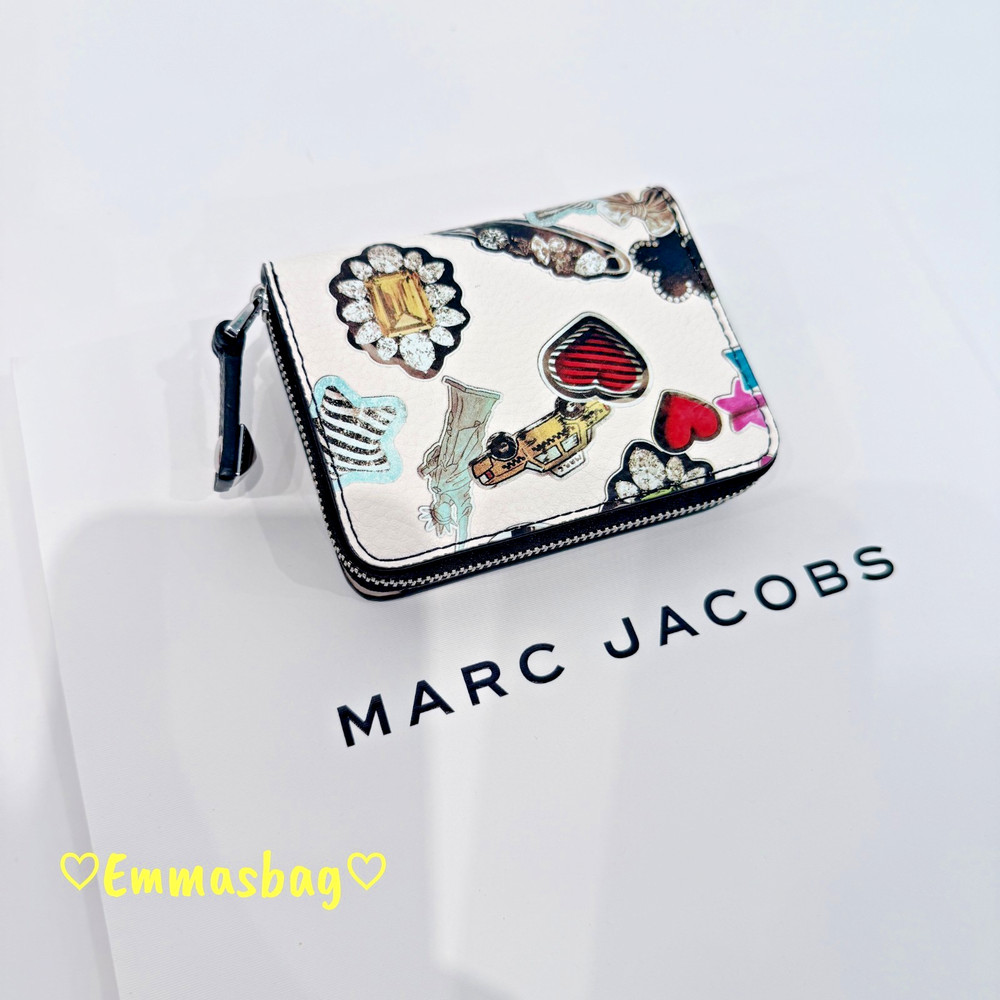 Marc Jacobs Printed Mini Compact Wallet Pebbled Leather White Multi