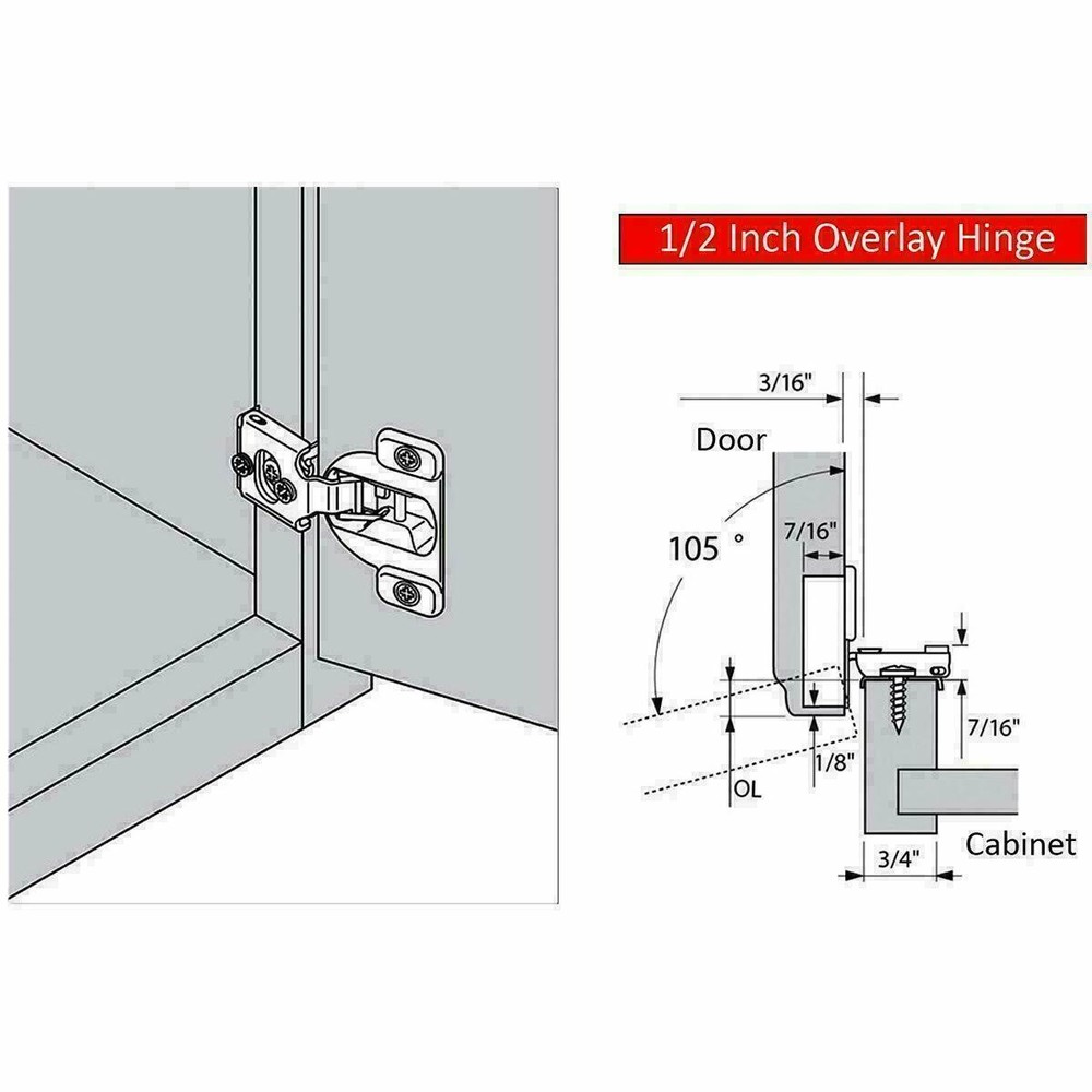 4 Pack 1/2" Overlay Soft Close Face Frame 105° Compact Cabinet Hinge Handware