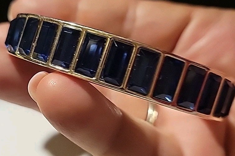 Signed Silvertone Blue Rhinestones Bangle Bracelet 6.5