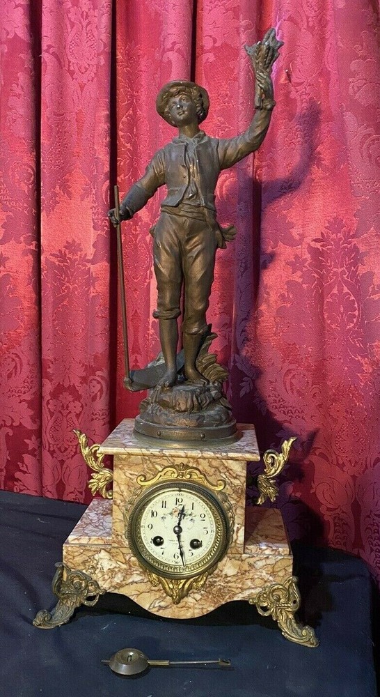 23" ANTIQUE VICTORIAN FIGURAL HARVEST MANTEL CLOCK