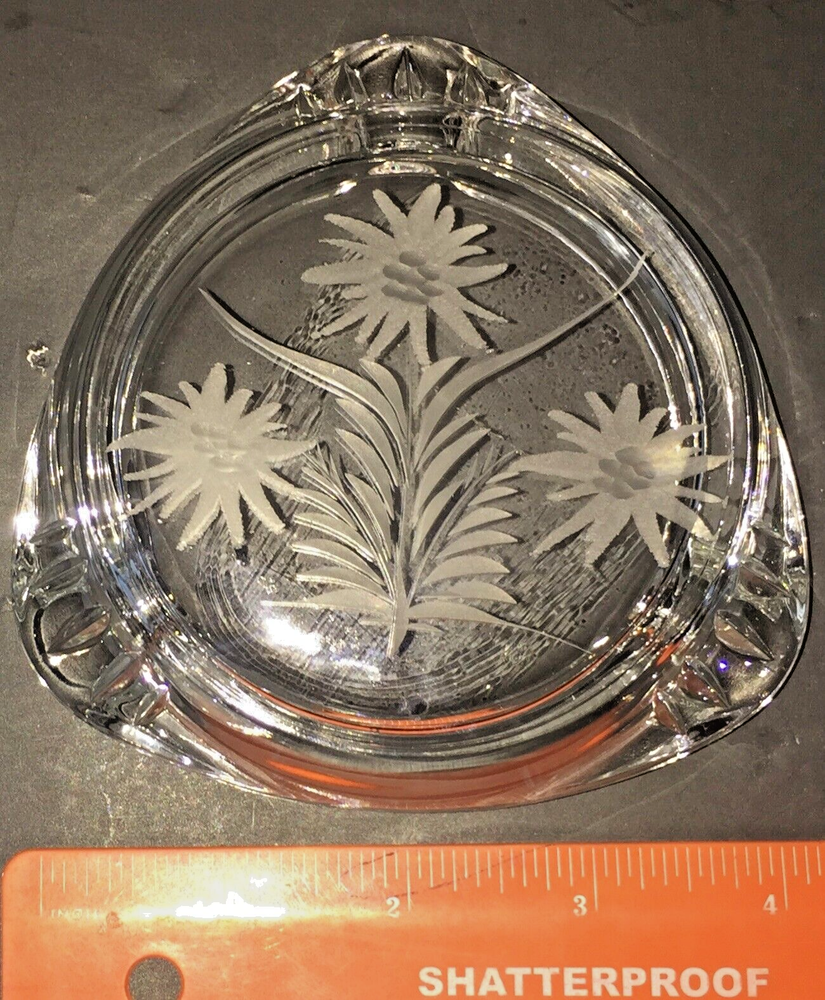 Nice Three Sided Etched 6" Clear Glass Ashtray