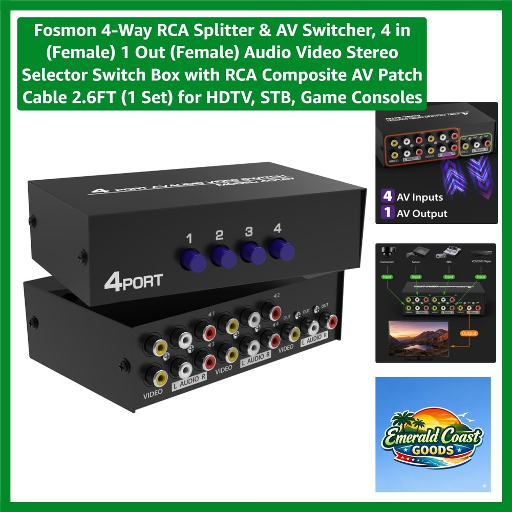 Plug and Play 4-Input RCA Selector Switch Box with Cable - Compact Design