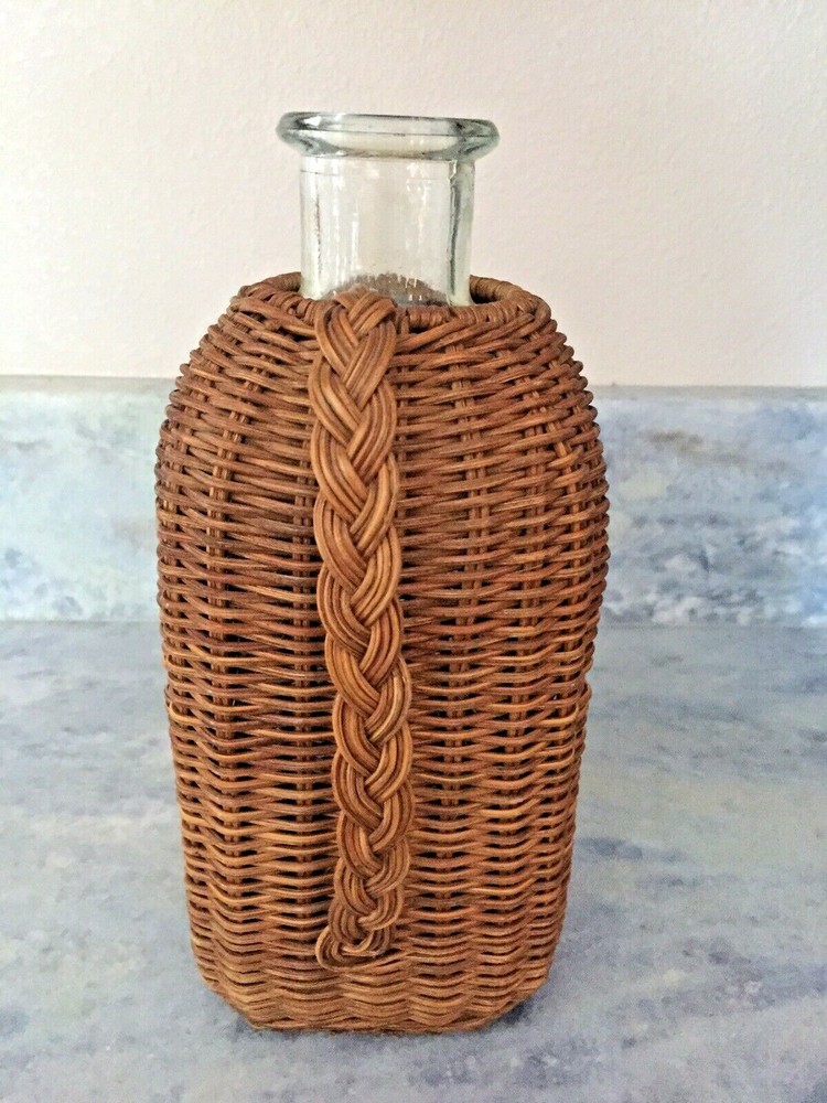 Antique Wicker Covered Square Spouted Bottle Unusual