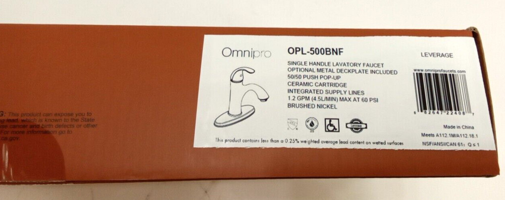 Omnipro OPL-500BNF Leverage Single Handle Ceramic Valve Lavatory Faucet 1.2GPM