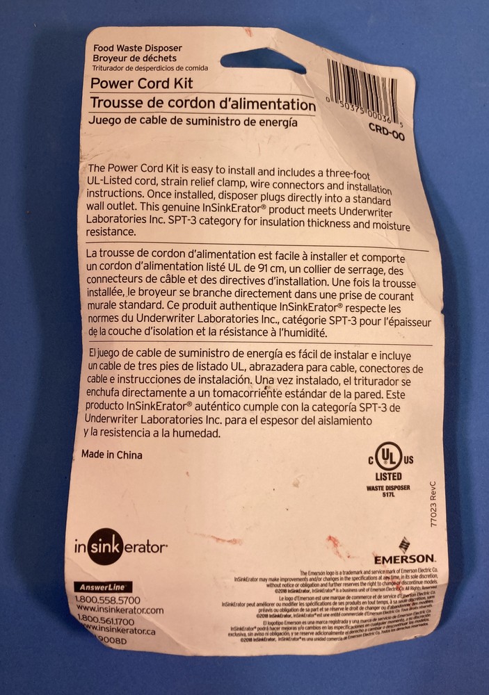 NEW InSinkErator CRD-00 Power Cord Accessory Kit