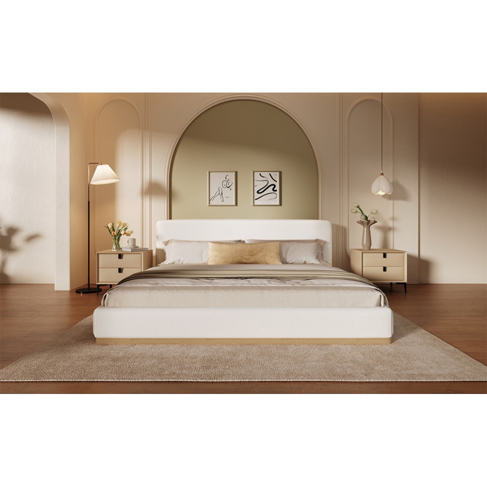 White Velvet King Bed Frame with Solid Wood Headboard & Footboard, Free Ship