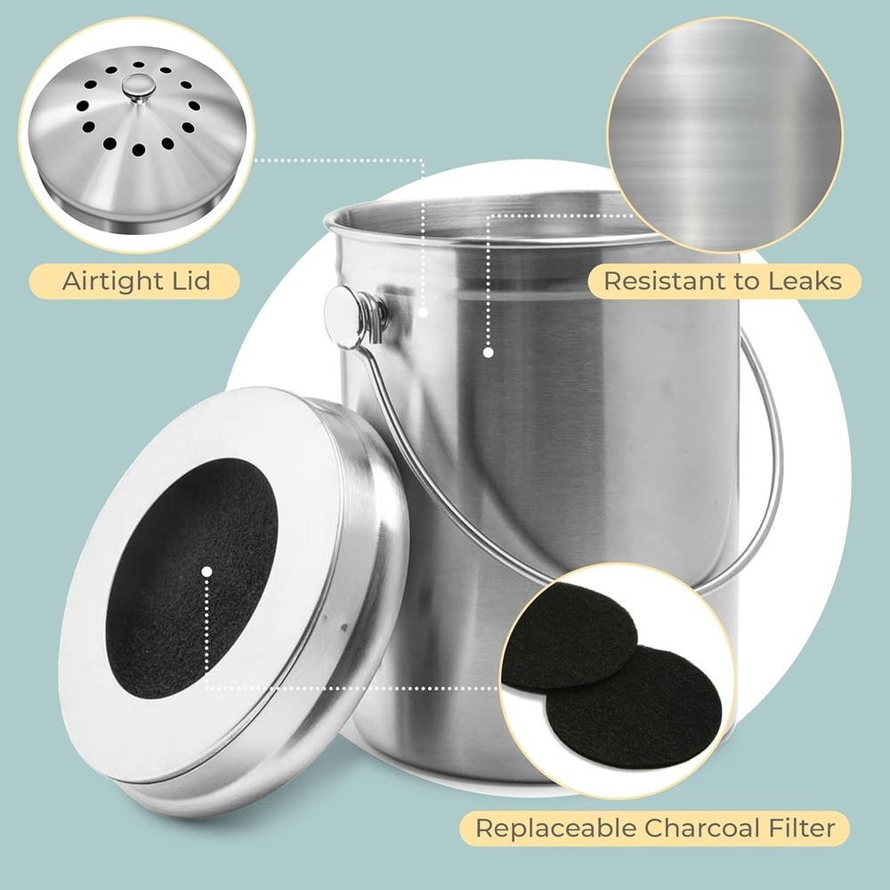 Sleek Stainless Steel Kitchen Compost Bin - Effective Odor Control & Easy Clean