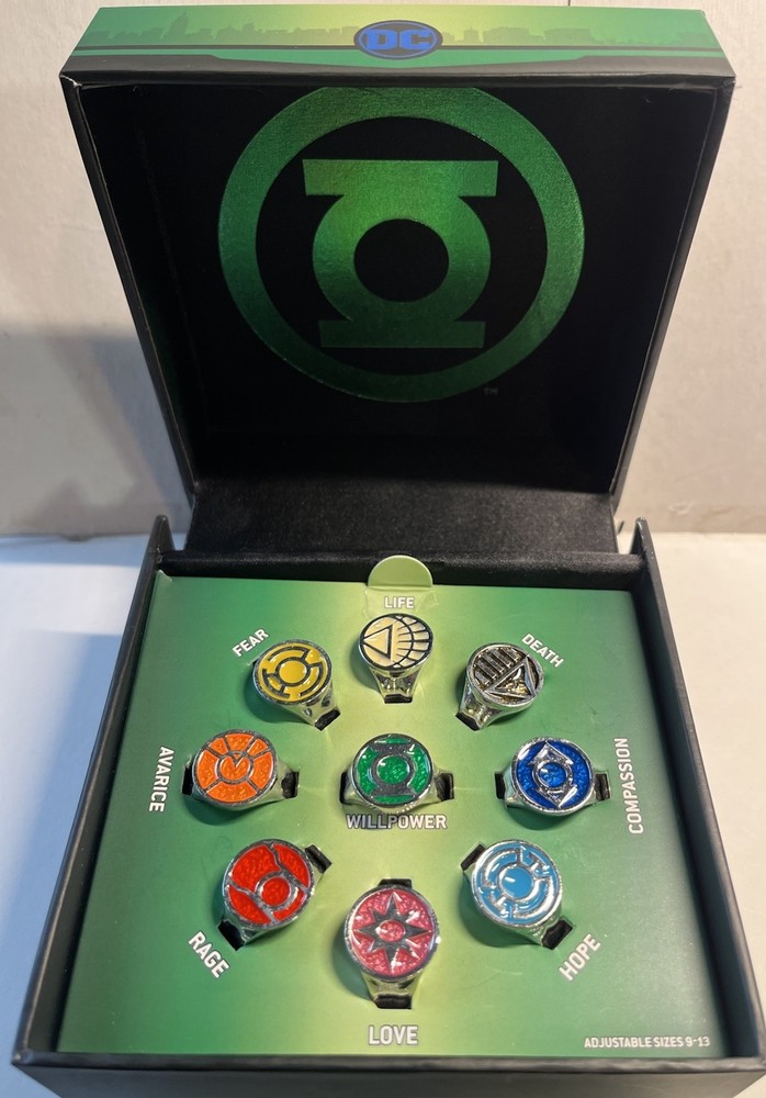 New! Green Lantern All Lanterns Corps Adjustable 9 Ring Set DC Comics + Gift Box