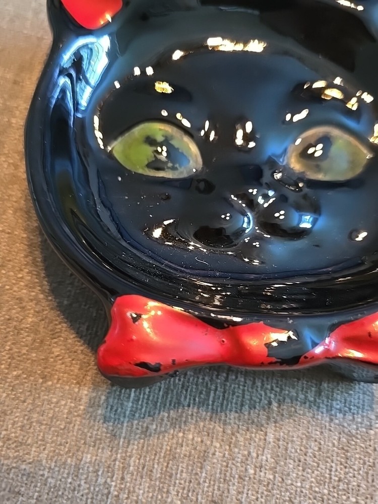Vintage Redware Black Cat Ashtray