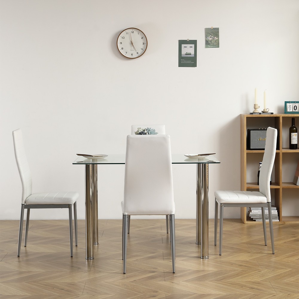 5pcs/set Dining Table Set Kitchen Tempered Glass Dining Table with 4Chairs White