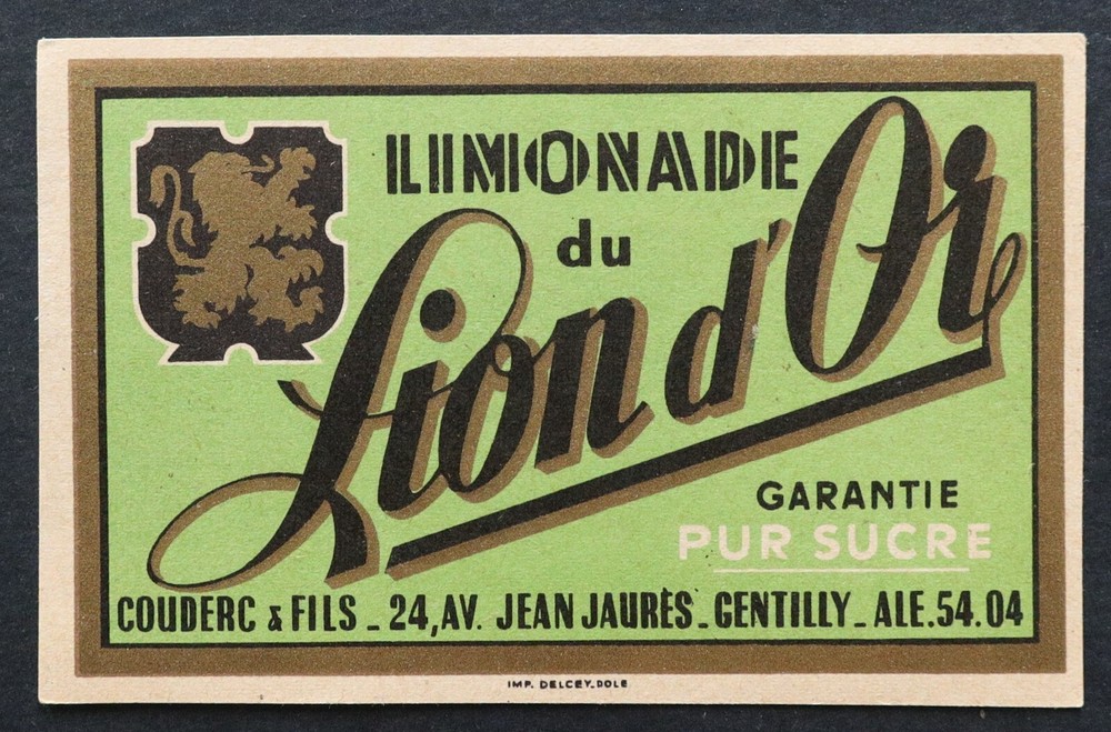 Old LION D'OR Lemonade Label Couderc & Fils GENTILLY Label