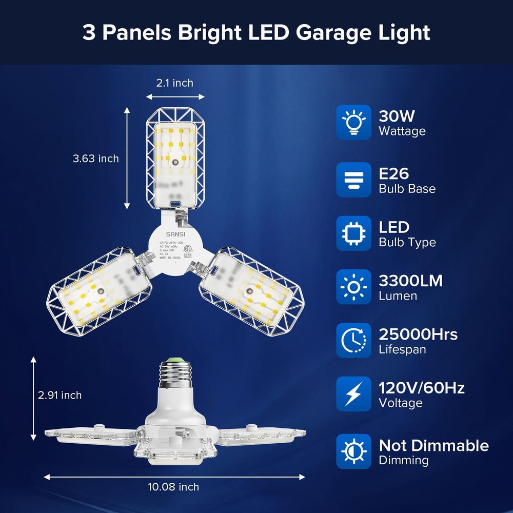 3-Panel Deformable LED Garage Light, 300W Equivalent 30W, Garage Lights Ceili...