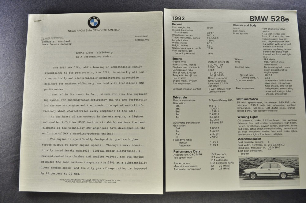 1982 BMW 528e Sedan Press Release Photo +Text Sheets Excellent Original 82