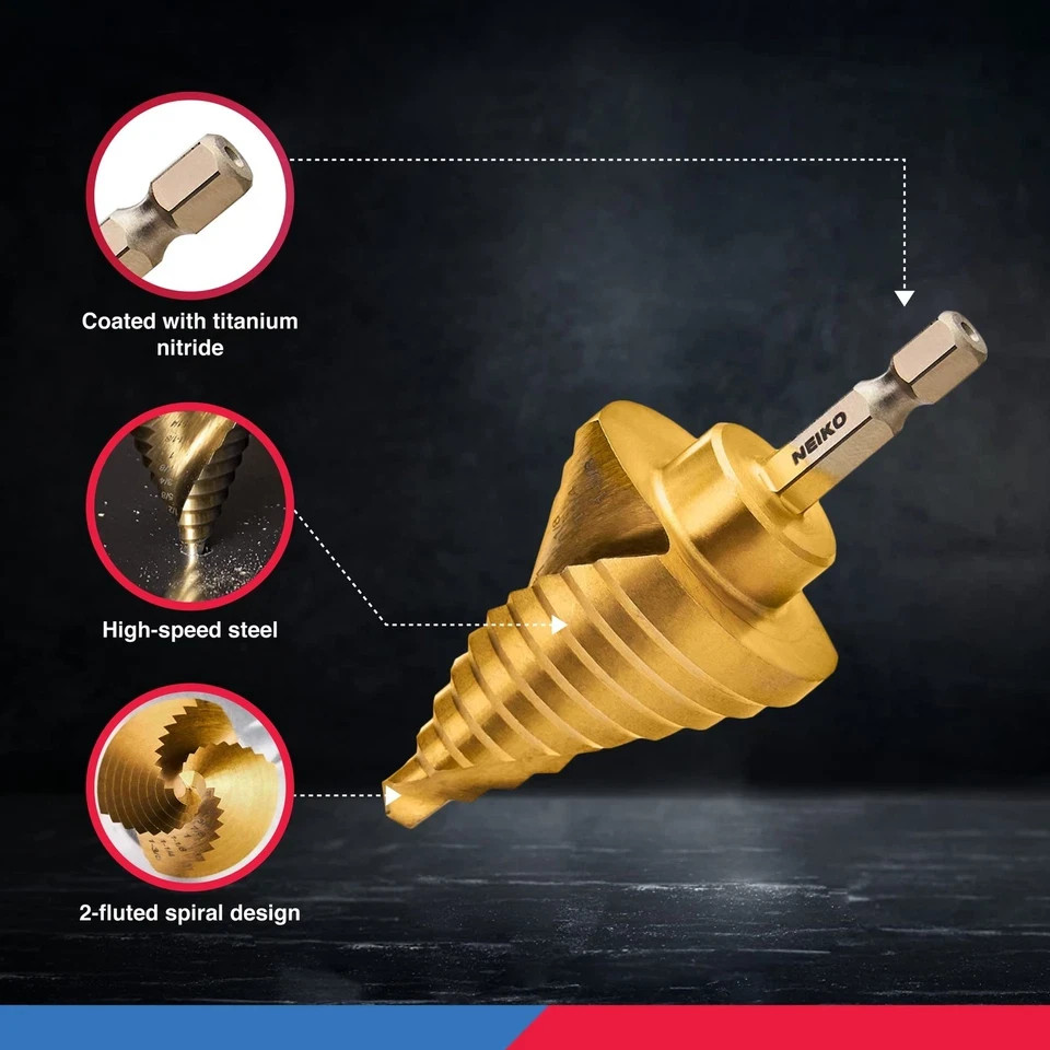 NEIKO 10174A Quick Change Spiral Grooved Step Drill Bit 1/4" Hex A0