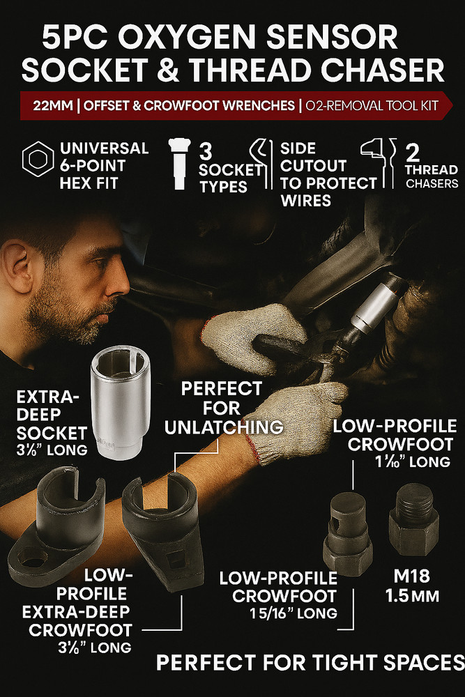 5PC Oxygen Sensor Socket & Thread Chaser Set 22mm Offset & Crowfoot Wrenches