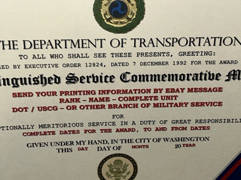 D.O.T. DISTINGUISHED SERVICE MEDAL COMMEMORATIVE CERTIFICATE ~ TYPE-2 w/PRINTING