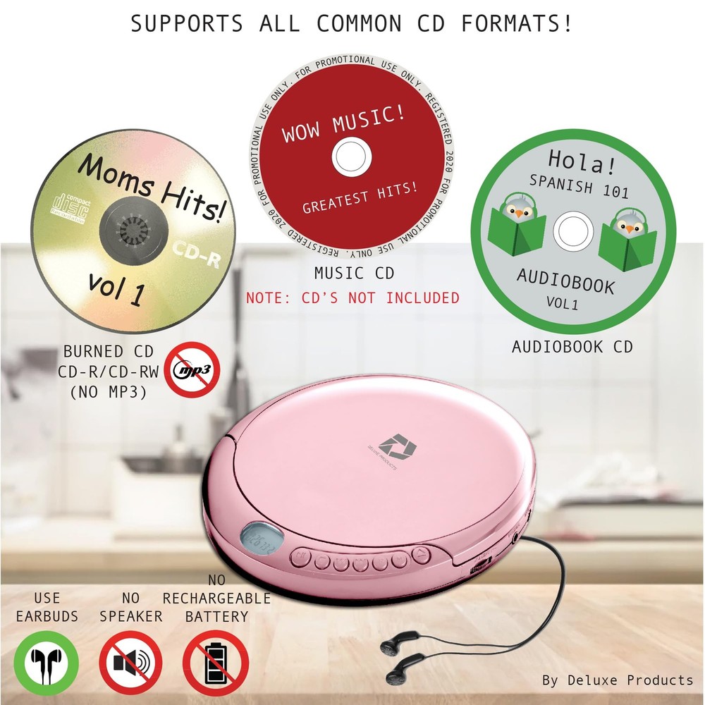 CD Player Portable with 60 Second Anti Skip, Stereo Earbuds, Includes Aux in ...