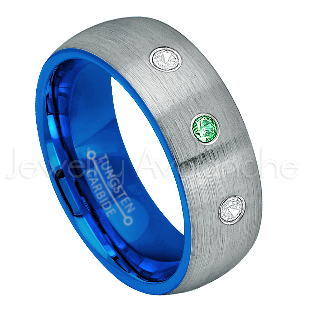 Tungsten Ring, 0.21ctw Tsavorite & Diamond 3-Stone Ring, January Birthstone #736