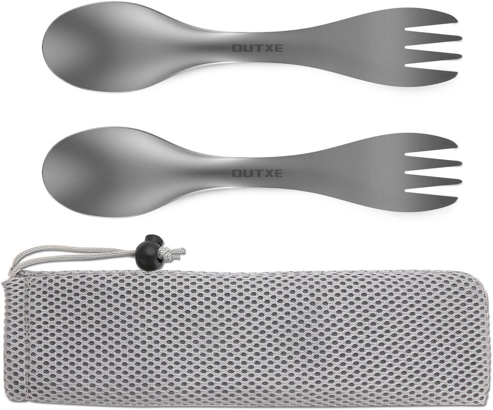 OUTXE Titanium 2 in 1 Fork and Spoon Combo 2-Pack Ultra Lightweight Camping Uten