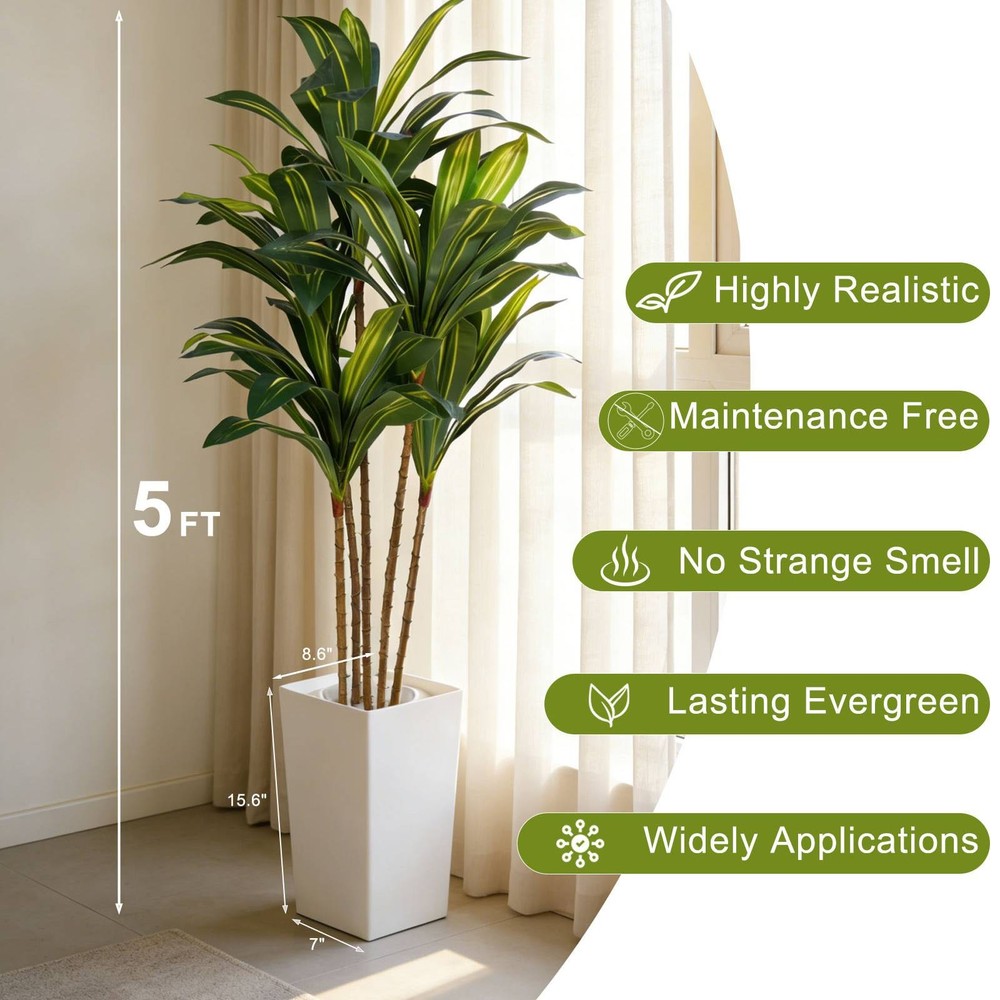 Artificial Dracaena Tree 5FT White Tall Planter Faux Tree Fake Floor Planter
