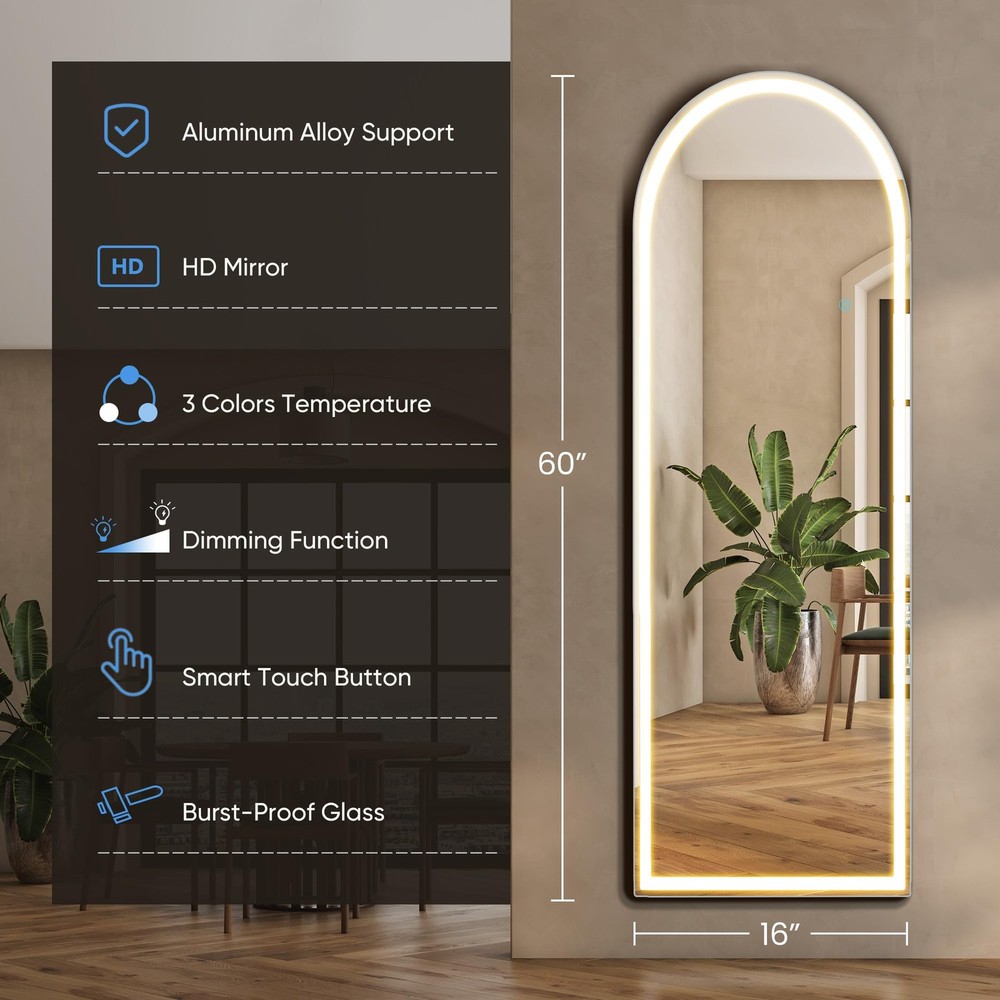 Arched Full Length Mirror LED Light Floor Standing Wall Mounted 3 Color Lights