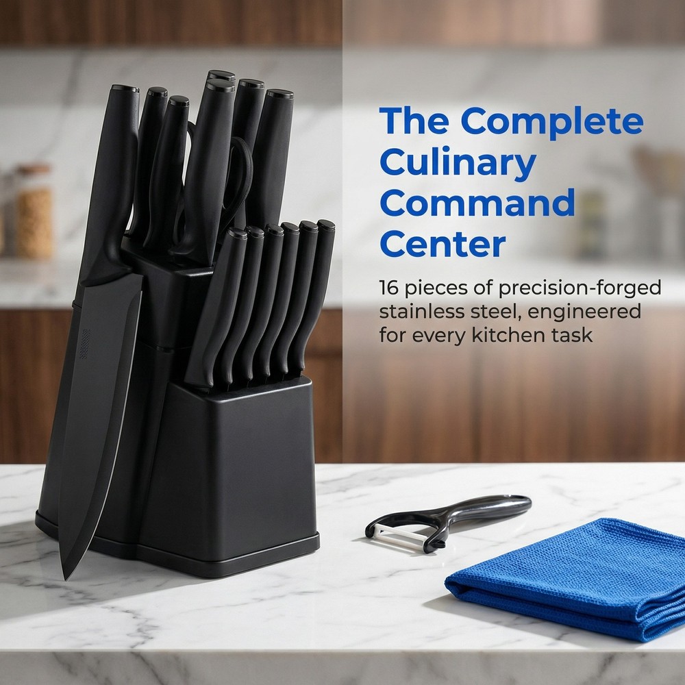 16 Pieces Professional Black Coding Kitchen Knife Block Set with Non-slip Handle
