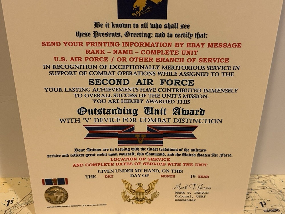 U.S. AIR FORCE / 2ND AIR FORCE - OUTSTANDING UNIT AWARD W/V DEVICE CERTIFICATE