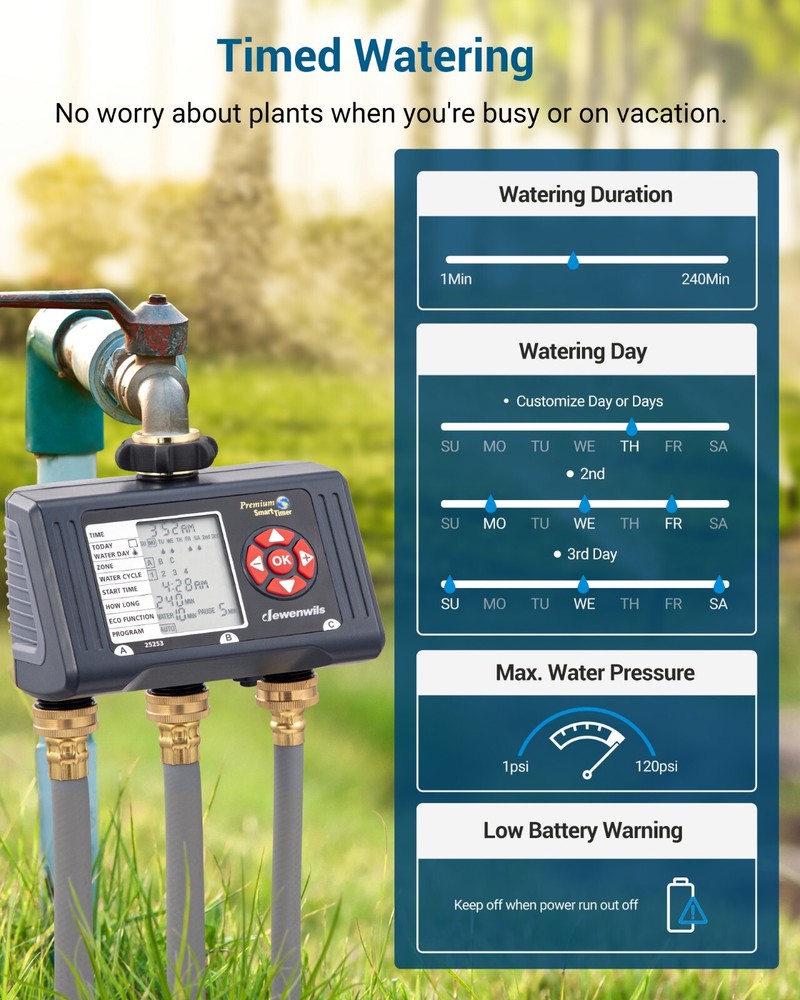DEWENWILS Sprinkler Timer 3 Zone Hose Water Timer with 4 Programmable Procedures