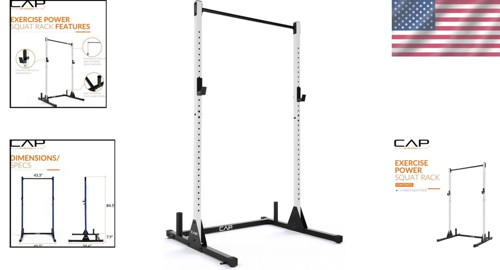 Heavy Duty White Power Rack 500lbs Capacity Pull Up Bar Olympic Plates